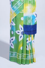 Green floral design mul mul cotton saree with self border and contrast blouse