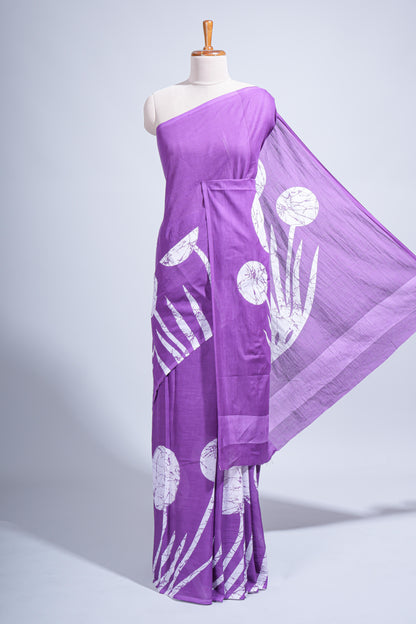 Borderless violet floral design mul mul cotton saree with matching blouse