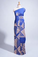 Borderless blue geometric design mul mul cotton saree with matching blouse