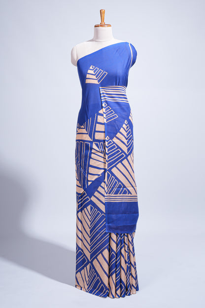 Borderless blue geometric design mul mul cotton saree with matching blouse
