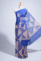 Borderless blue geometric design mul mul cotton saree with matching blouse