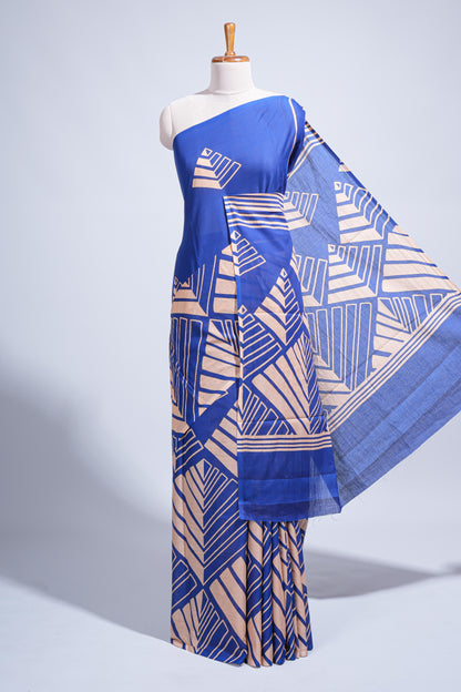 Borderless blue geometric design mul mul cotton saree with matching blouse