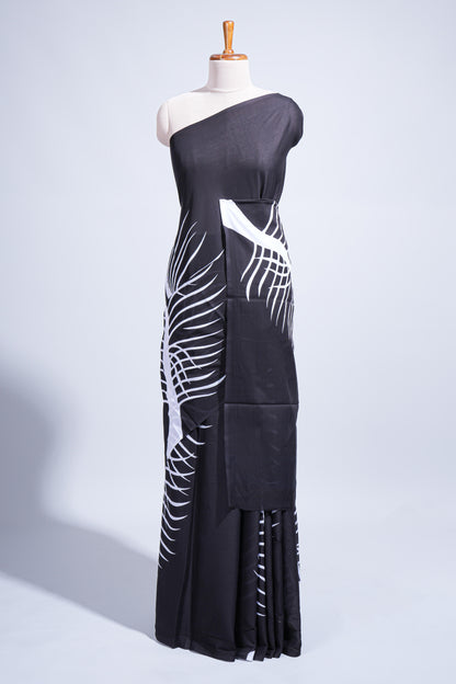 Borderless black leaf design mul mul cotton saree with matching blouse