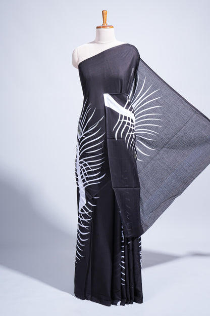 Borderless black leaf design mul mul cotton saree with matching blouse