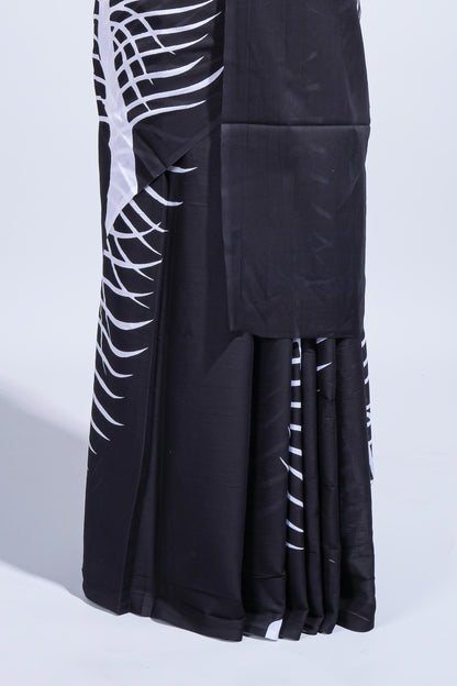 Borderless black leaf design mul mul cotton saree with matching blouse