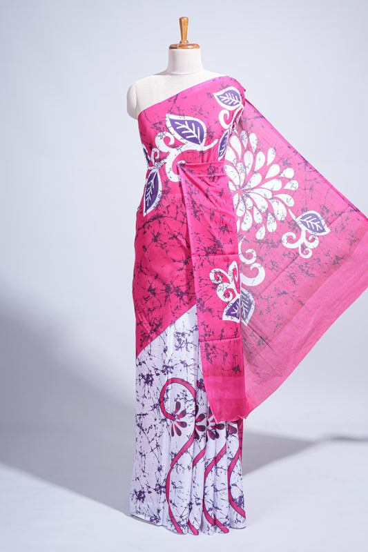 Borderless pink & white floral design mul mul cotton saree with matching blouse