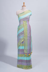 Multi color striped mul mul cotton saree with self zari border and matching blouse
