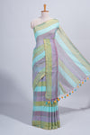 Multi color striped mul mul cotton saree with self zari border and matching blouse
