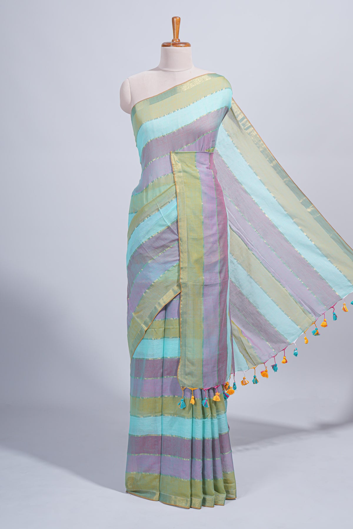 Multi color striped mul mul cotton saree with self zari border and matching blouse