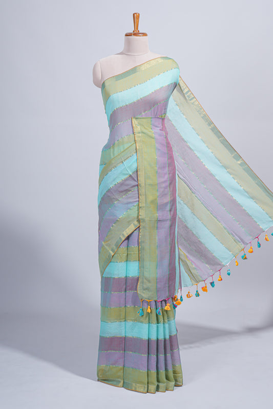 Multi color striped mul mul cotton saree with self zari border and matching blouse