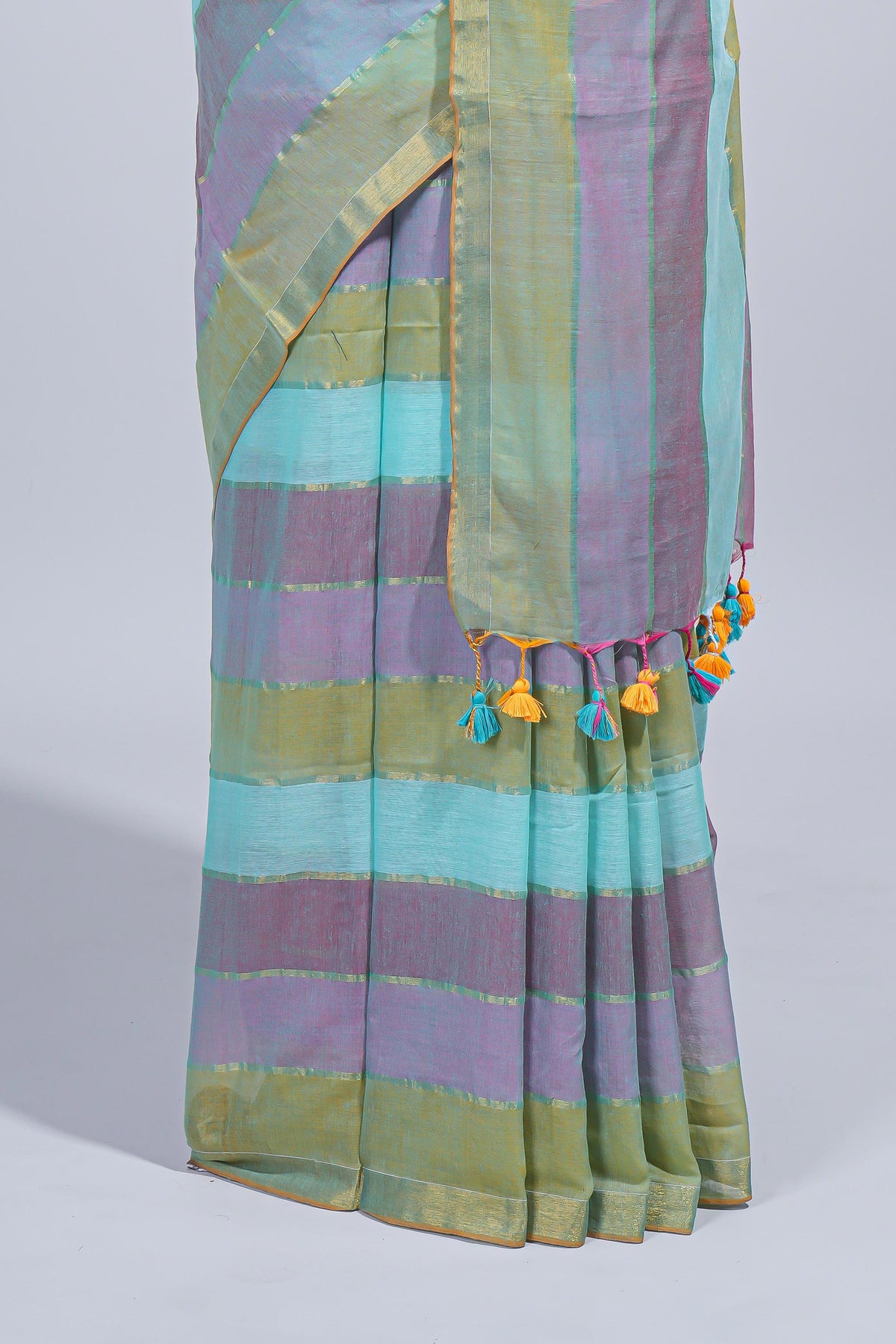 Multi color striped mul mul cotton saree with self zari border and matching blouse