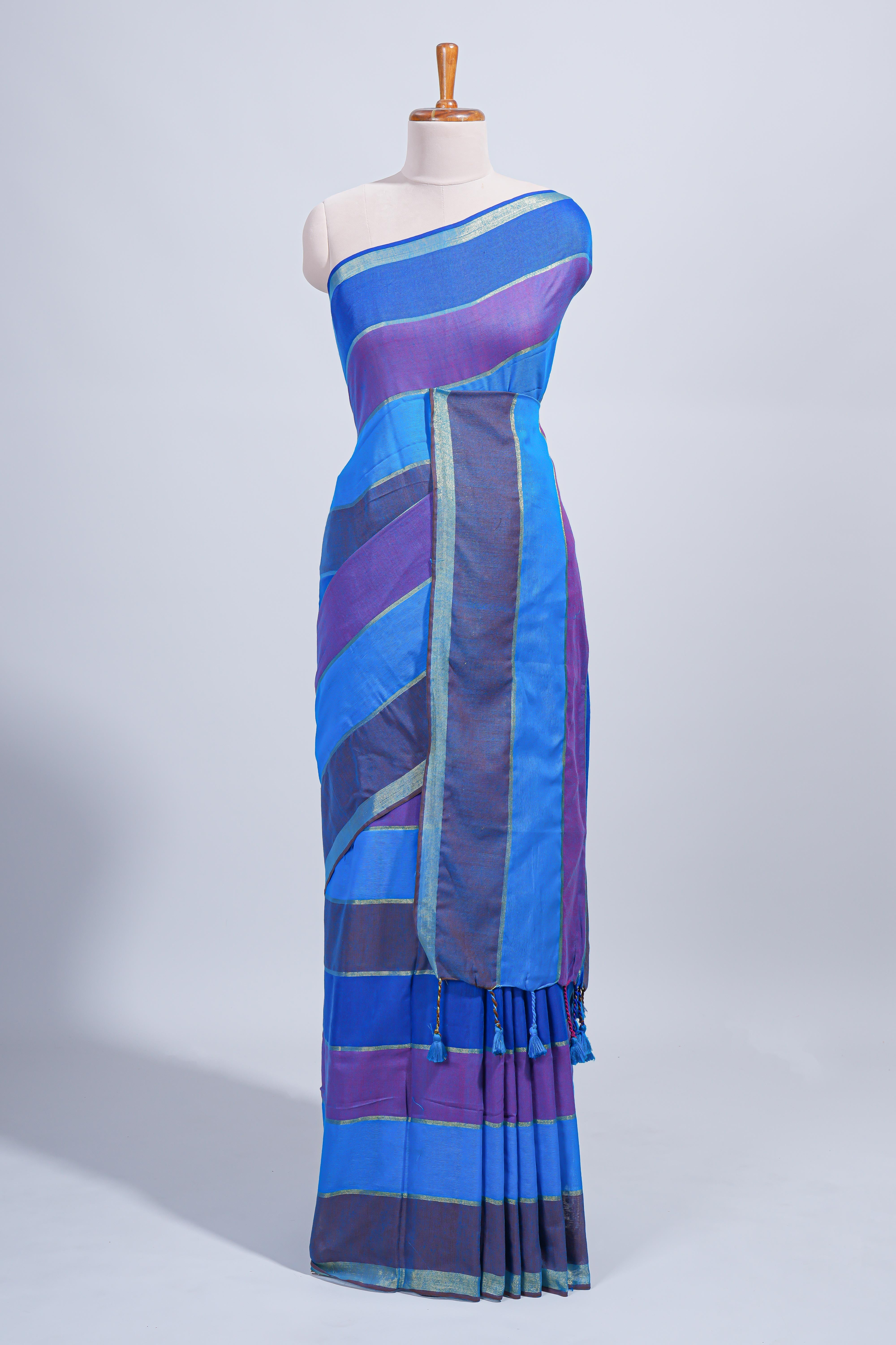 Multi color striped mul mul cotton saree with self zari border and matching blouse
