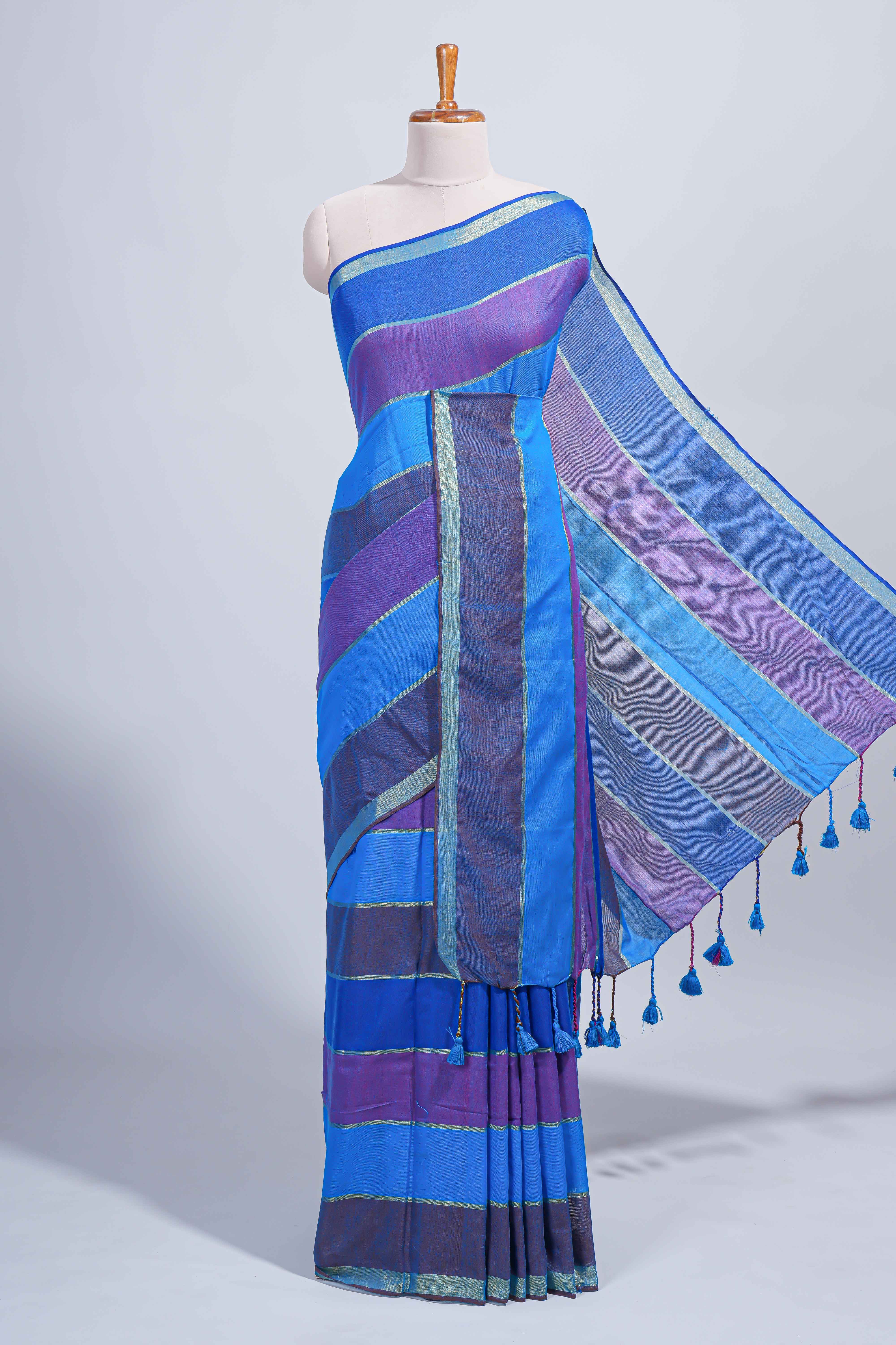 Multi color striped mul mul cotton saree with self zari border and matching blouse