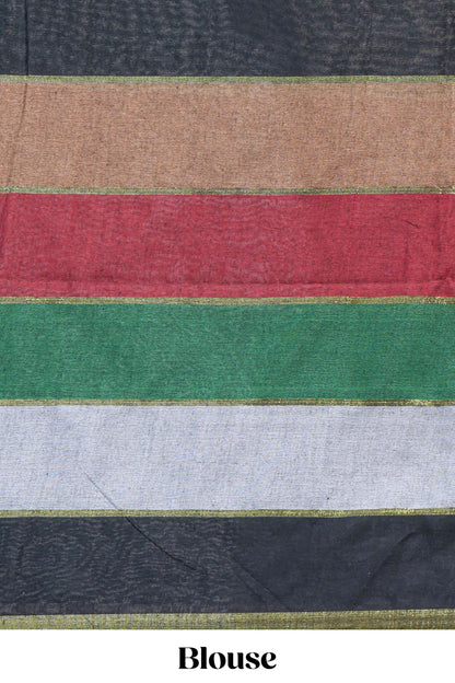 Multi color striped mul mul cotton saree with self zari border and matching blouse
