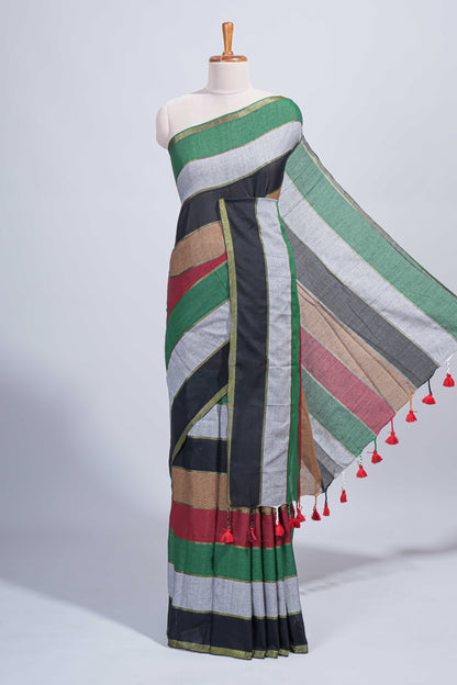 Multi color striped mul mul cotton saree with self zari border and matching blouse