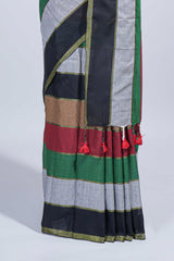 Multi color striped mul mul cotton saree with self zari border and matching blouse