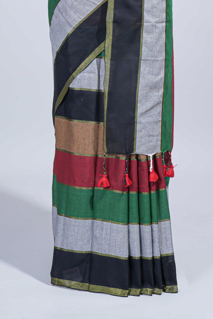 Multi color striped mul mul cotton saree with self zari border and matching blouse