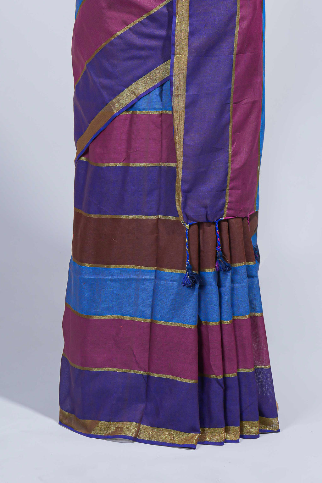 Multi color striped mul mul cotton saree with self zari border and matching blouse