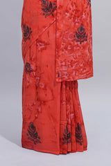 Borderless orange floral motifs design mul mul cotton saree with self pallu