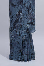 Borderless grey floral design mul mul cotton saree with self pallu