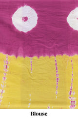 Borderless purple and yellow shibori design mul mul cotton saree with self pallu