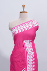 Pink plain mul mul cotton saree with self border and matching blouse