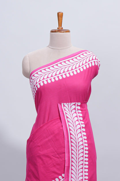 Pink plain mul mul cotton saree with self border and matching blouse