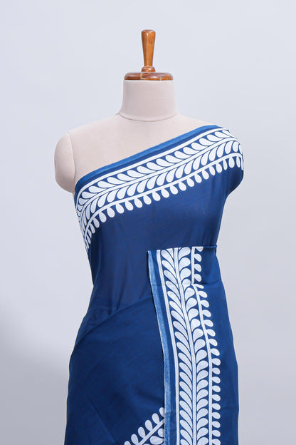 Blue plain mul mul cotton saree with self border and matching blouse
