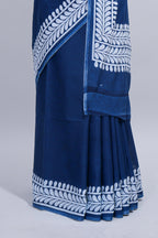 Blue plain mul mul cotton saree with self border and matching blouse
