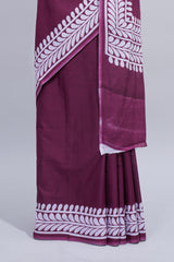 Purple plain mul mul cotton saree with self border and matching blouse