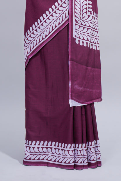 Purple plain mul mul cotton saree with self border and matching blouse