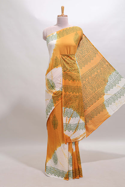 Cream & mustard leaf motifs mul mul cotton saree with self border and matching blouse