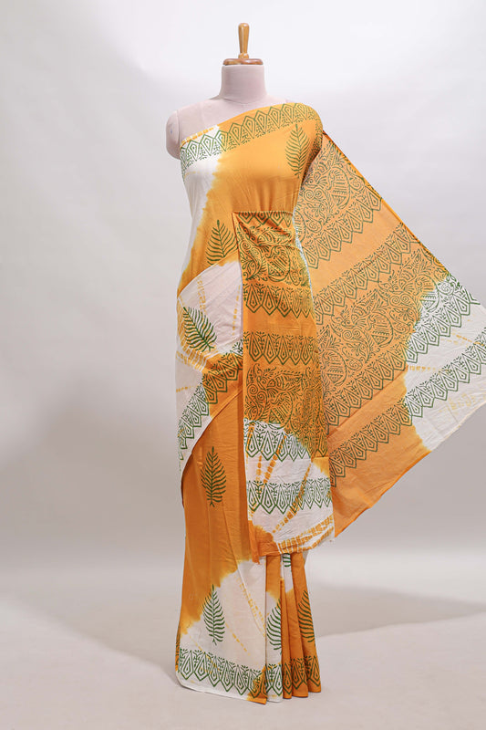 Cream & mustard leaf motifs mul mul cotton saree with self border and matching blouse