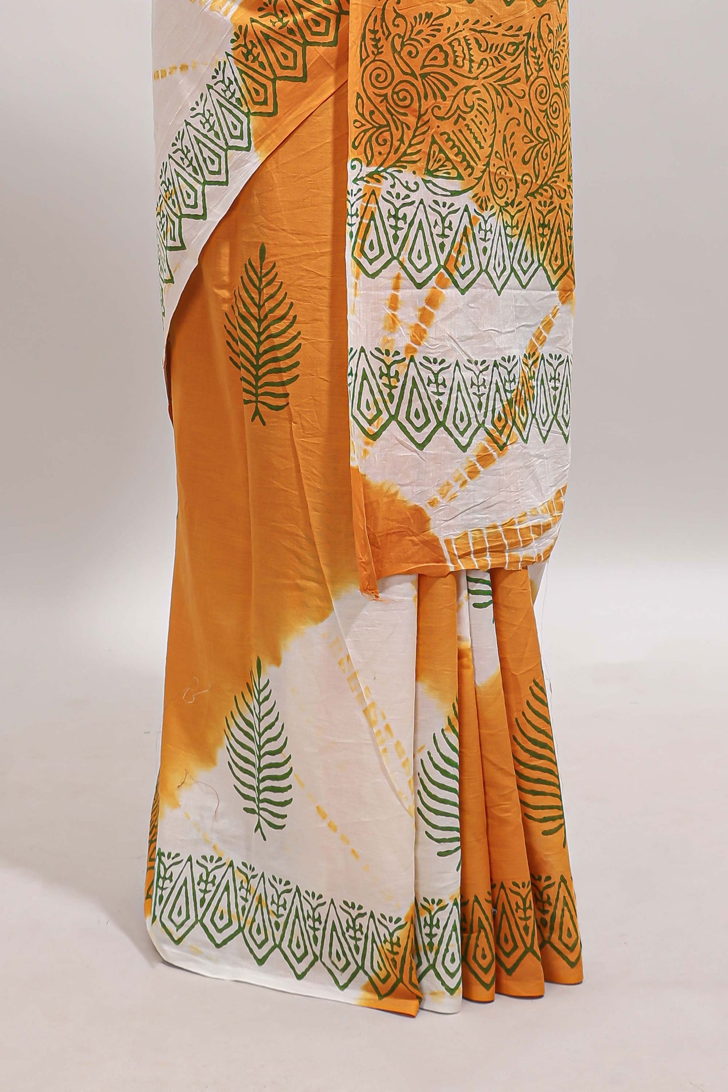 Cream & mustard leaf motifs mul mul cotton saree with self border and matching blouse