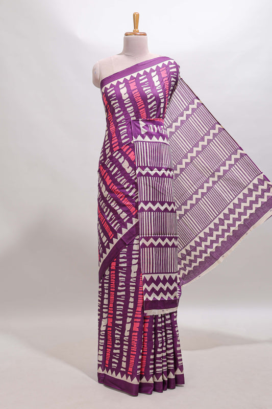 Purple geometric stripes mul mul cotton saree with self border and matching blouse