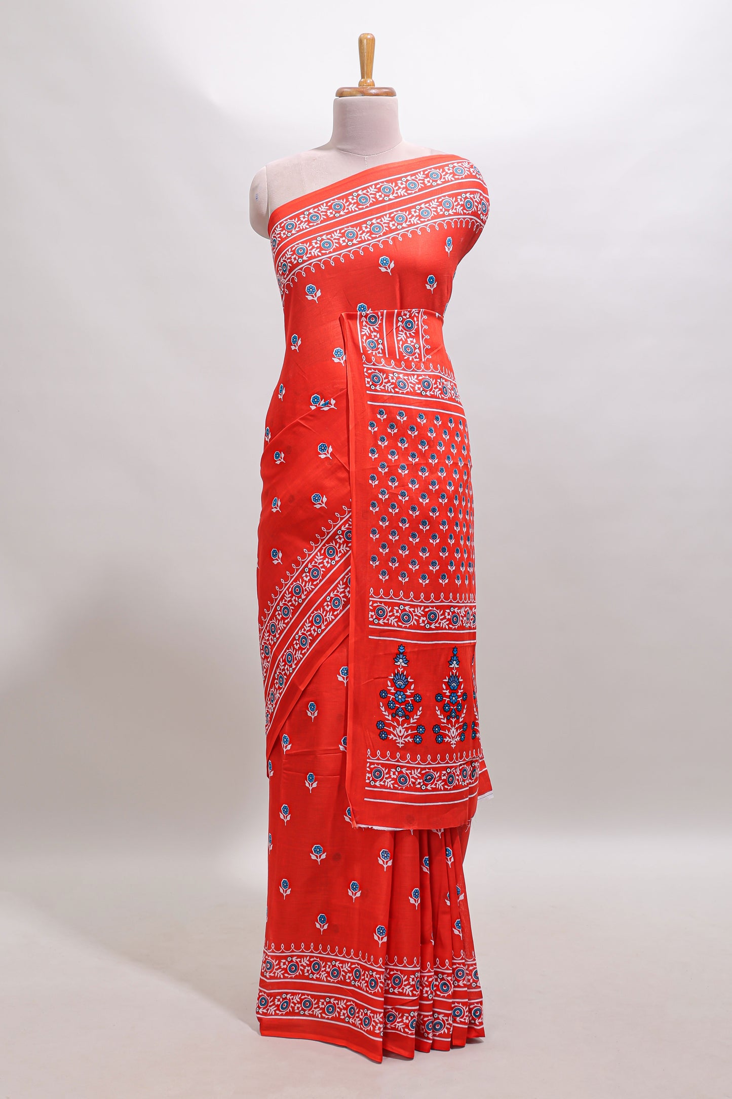 Red floral motifs design mul mul cotton saree with self border and contrast blouse