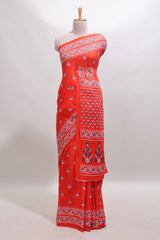 Red floral motifs design mul mul cotton saree with self border and contrast blouse