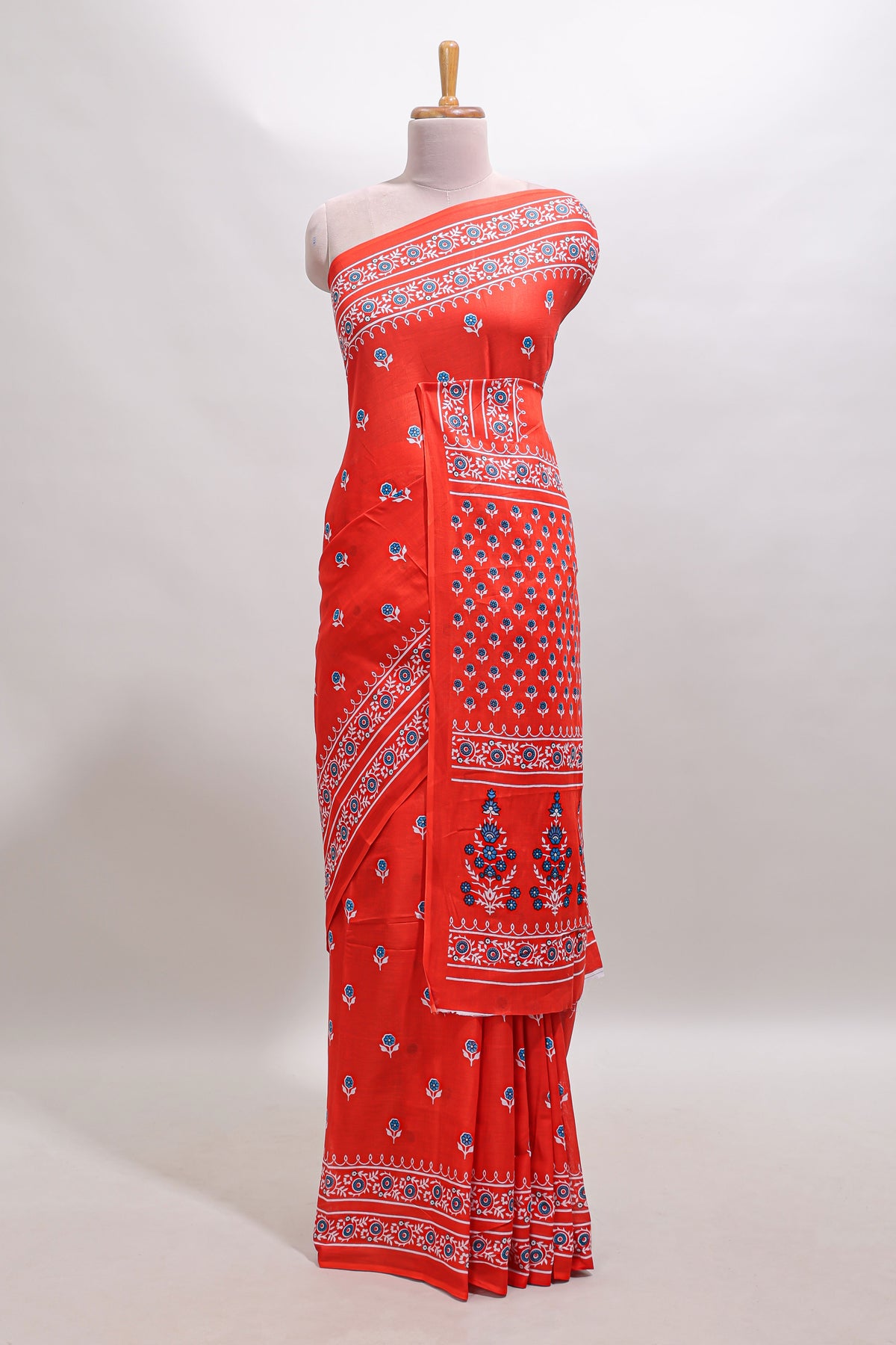 Red floral motifs design mul mul cotton saree with self border and contrast blouse