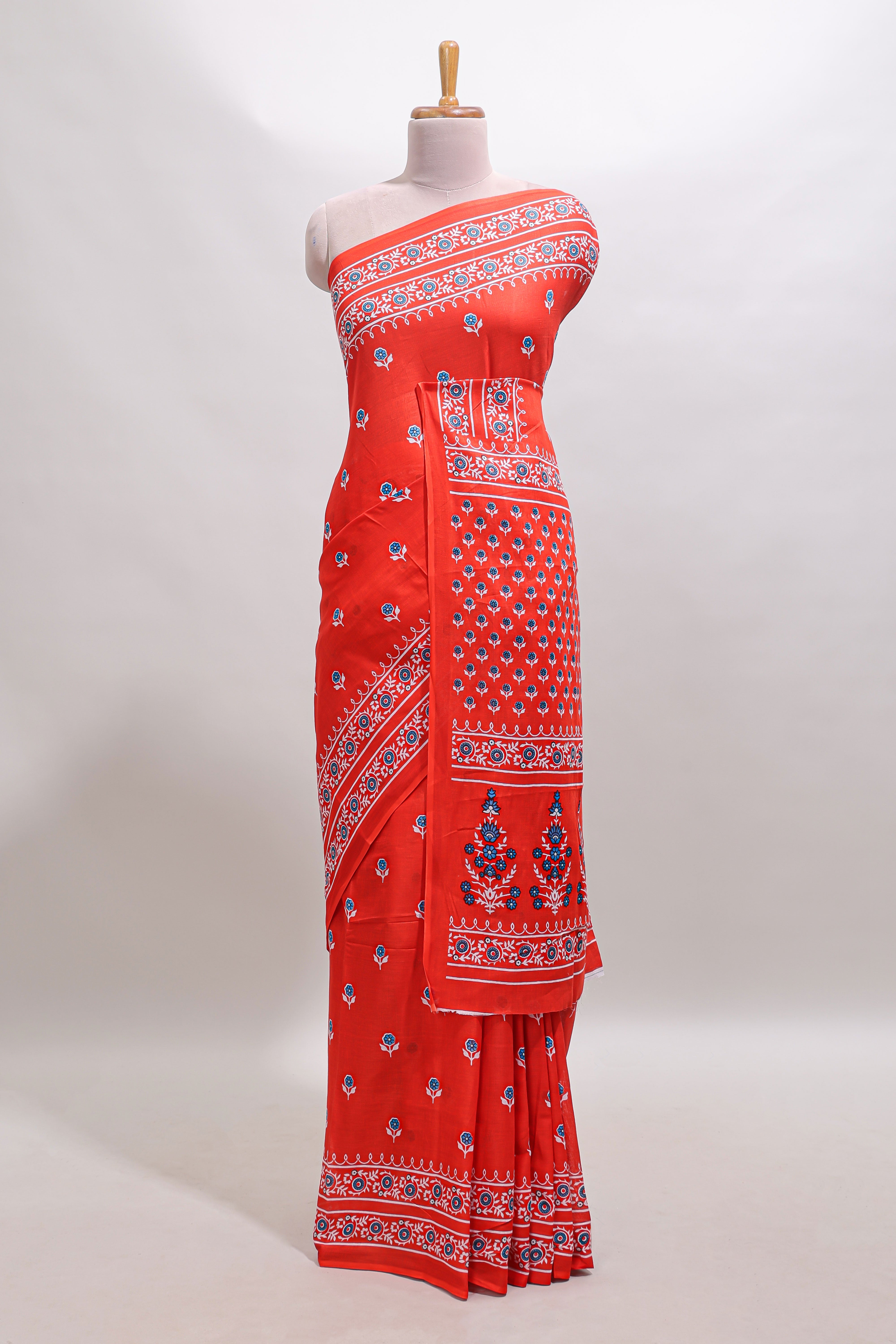Red floral motifs design mul mul cotton saree with self border and contrast blouse