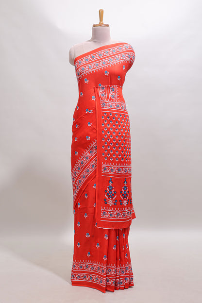 Red floral motifs design mul mul cotton saree with self border and contrast blouse