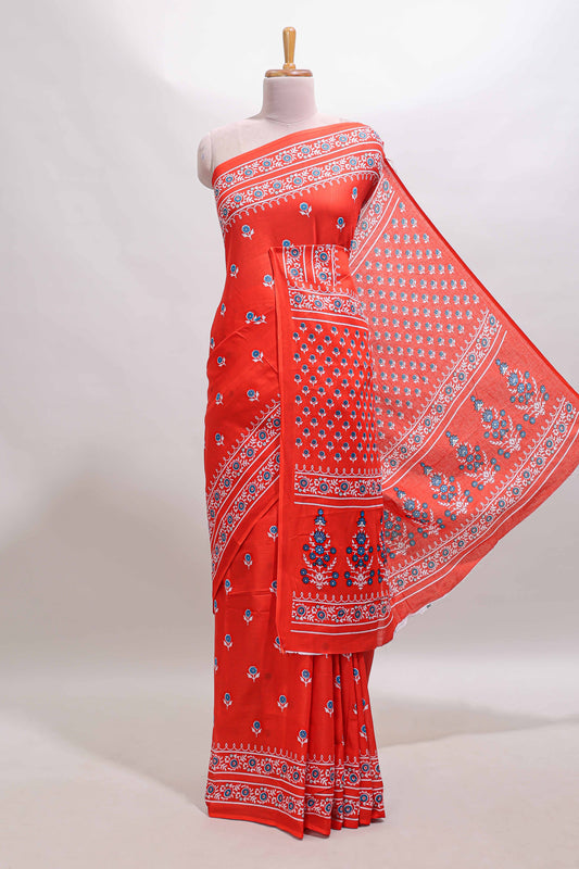 Red floral motifs design mul mul cotton saree with self border and contrast blouse