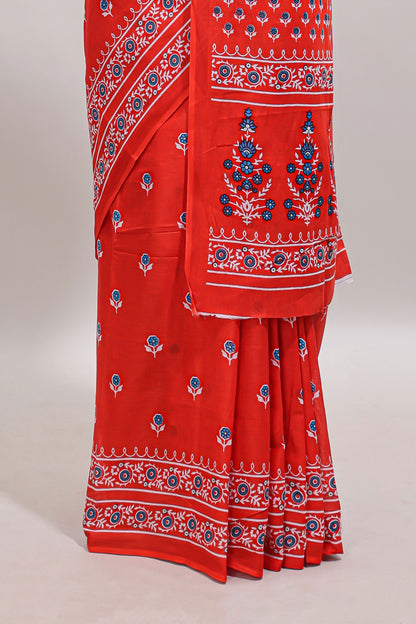 Red floral motifs design mul mul cotton saree with self border and contrast blouse
