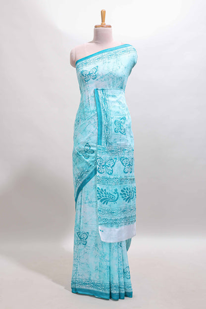 Turquoise green butterfly motifs design mul mul cotton saree with self border and matching warli print blouse