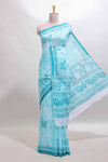 Turquoise green butterfly motifs design mul mul cotton saree with self border and matching warli print blouse