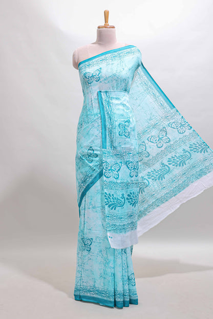 Turquoise green butterfly motifs design mul mul cotton saree with self border and matching warli print blouse