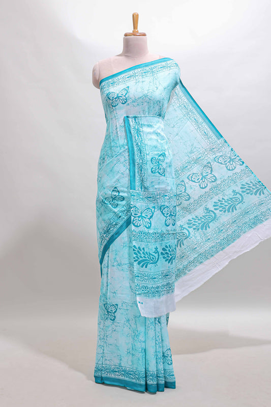 Turquoise green butterfly motifs design mul mul cotton saree with self border and matching warli print blouse