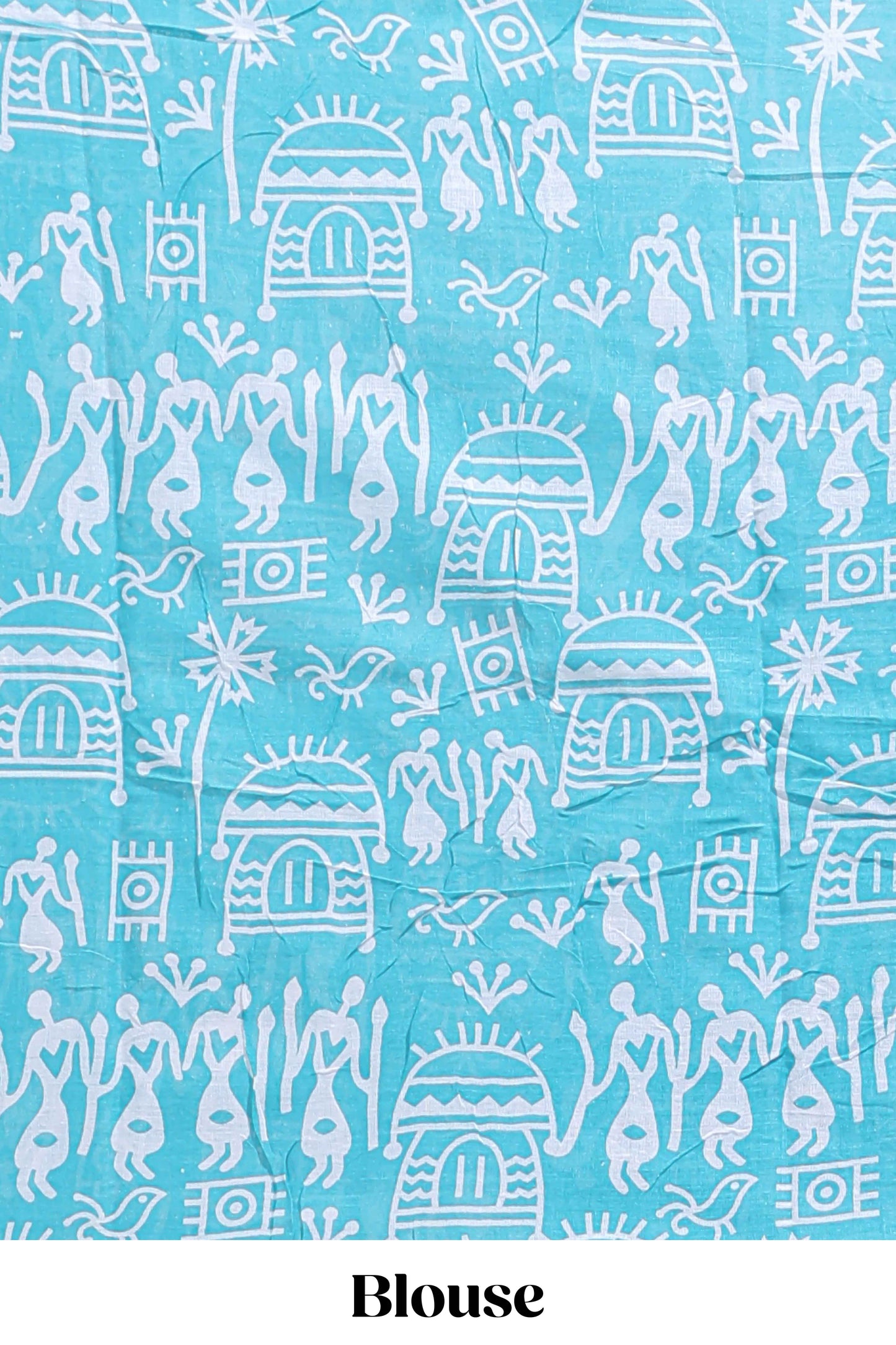 Turquoise green butterfly motifs design mul mul cotton saree with self border and matching warli print blouse