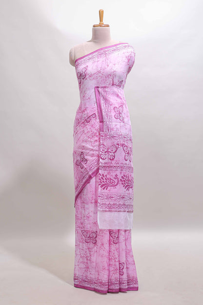 Pink butterfly motifs design mul mul cotton saree with self border and matching warli print blouse