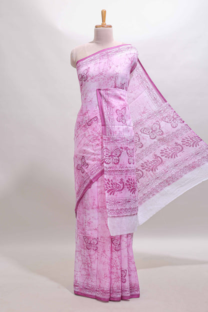 Pink butterfly motifs design mul mul cotton saree with self border and matching warli print blouse