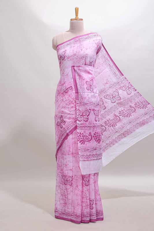 Pink butterfly motifs design mul mul cotton saree with self border and matching warli print blouse